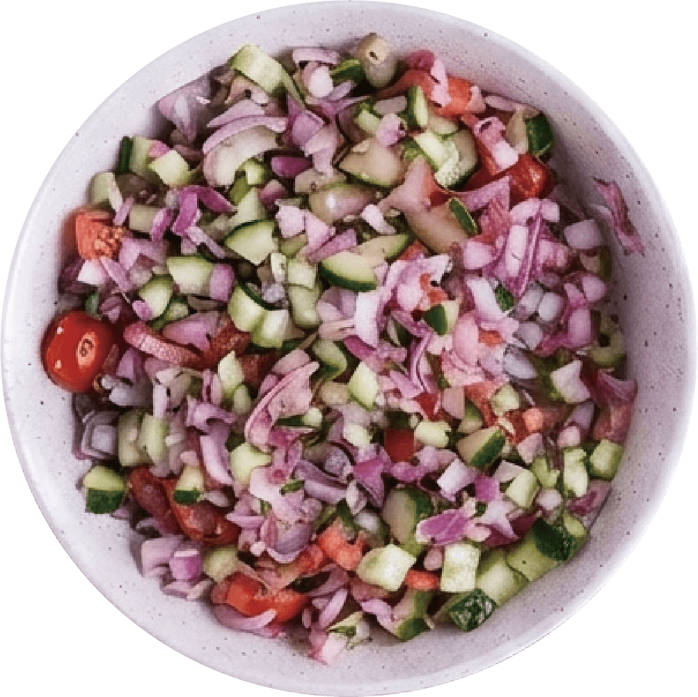 Chopped cucumber, tomato and red onion salad